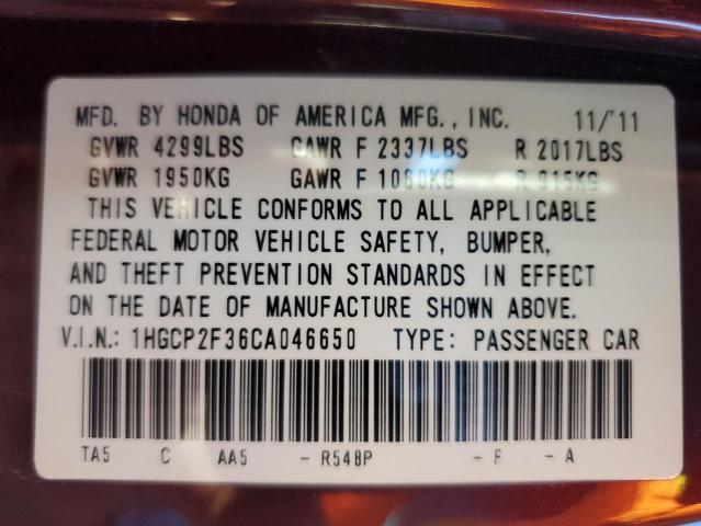 1HGCP2F36CA046650 - 2012 HONDA ACCORD LX MAROON photo 13