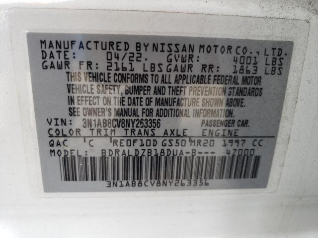 3N1AB8CV8NY263356 - 2022 NISSAN SENTRA SV WHITE photo 12