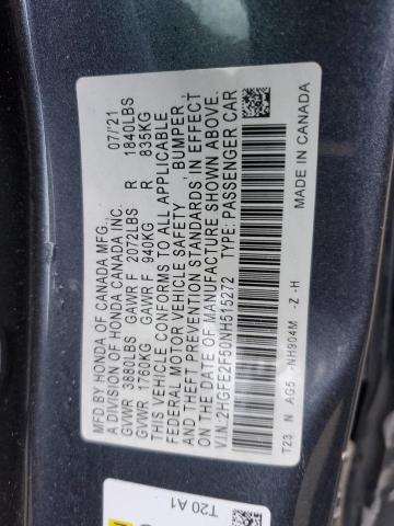2HGFE2F50NH515272 - 2022 HONDA CIVIC SPORT CHARCOAL photo 12