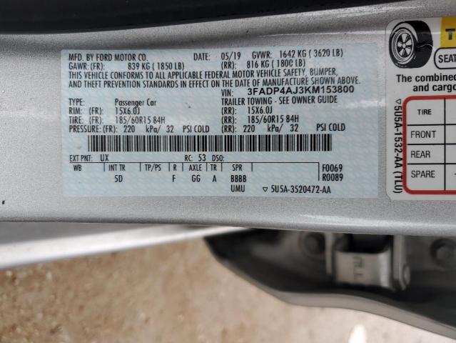 3FADP4AJ3KM153800 - 2019 FORD FIESTA S SILVER photo 12