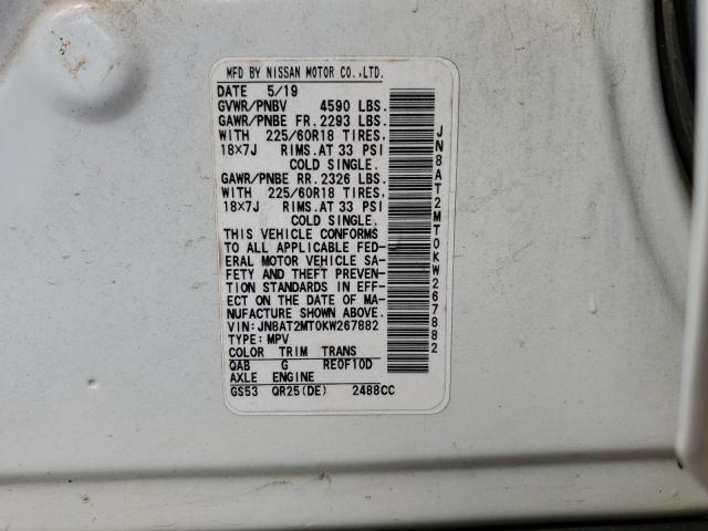 JN8AT2MT0KW267882 - 2019 NISSAN ROGUE S WHITE photo 13