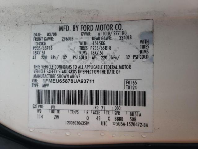 1FMEU65878UA93711 - 2008 FORD EXPLORER LIMITED WHITE photo 12