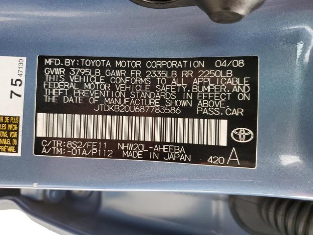 JTDKB20U687783586 - 2008 TOYOTA PRIUS BLUE photo 13