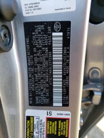 4T1C11AK0LU315986 - 2020 TOYOTA CAMRY LE SILVER photo 12