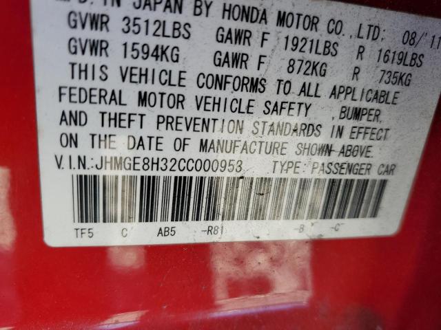 JHMGE8H32CC000953 - 2012 HONDA FIT RED photo 12