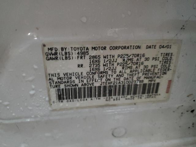 JTEHF21A310023788 - 2001 TOYOTA HIGHLANDER WHITE photo 13