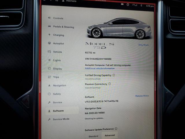 5YJSA1E2XHF199559 - 2017 TESLA MODEL S ვერცხლისფერი ფოტო 9