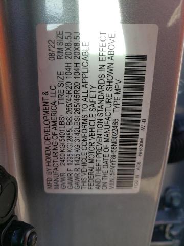 5FNYF8H58NB022465 - 2022 HONDA PASSPORT EXL ვერცხლისფერი ფოტო 12