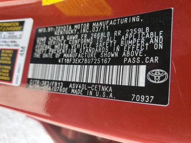 4T1BF3EK7BU725167 - 2011 TOYOTA CAMRY BASE RED photo 12