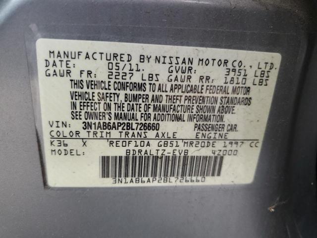 3N1AB6AP2BL726660 - 2011 NISSAN SENTRA 2.0 GRAY photo 12