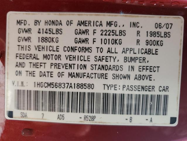 1HGCM56837A188580 - 2007 HONDA ACCORD EX RED photo 12