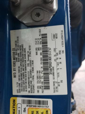 3FA6P0HD1KR151757 - 2019 FORD FUSION SE BLUE photo 13