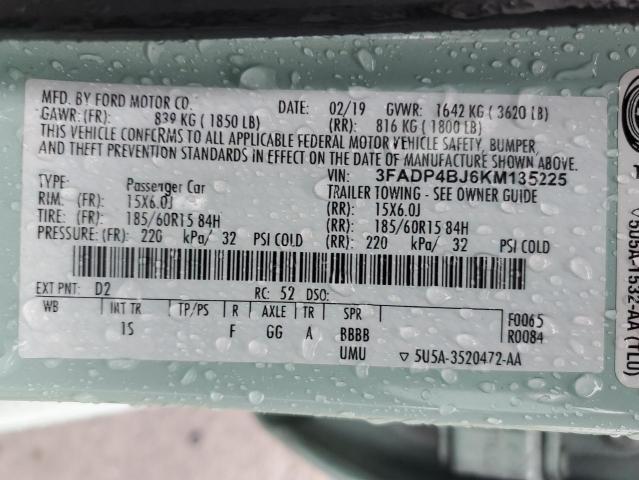 3FADP4BJ6KM135225 - 2019 FORD FIESTA SE TURQUOISE photo 12