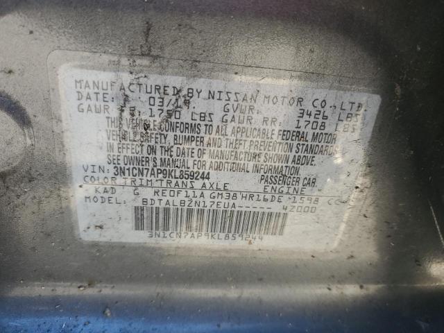 3N1CN7AP9KL859244 - 2019 NISSAN VERSA S GRAY photo 12