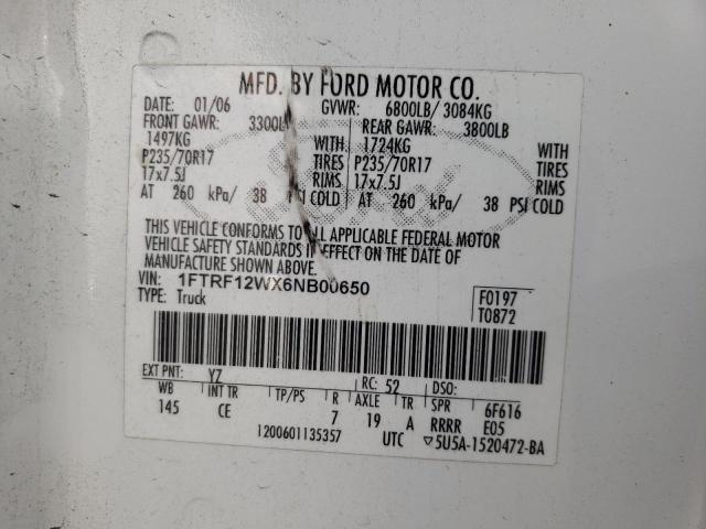 1FTRF12WX6NB00650 - 2006 FORD F150 WHITE photo 12