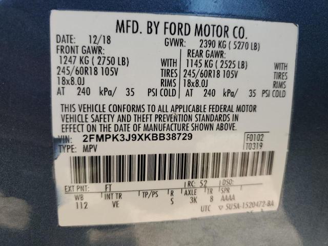 2FMPK3J9XKBB38729 - 2019 FORD EDGE SEL BLUE photo 13