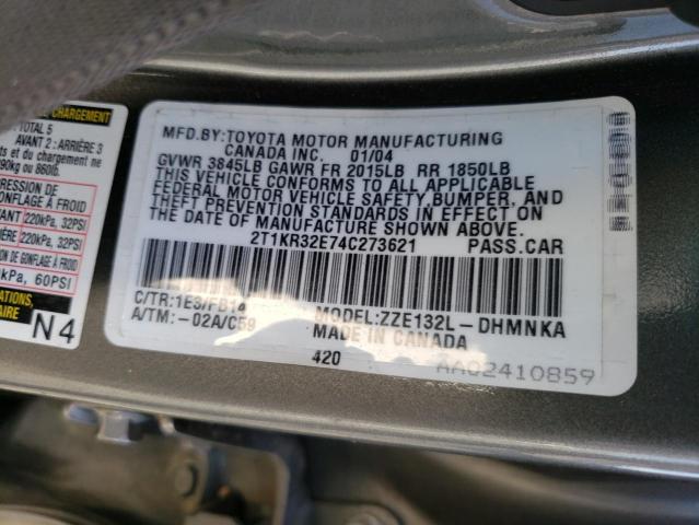2T1KR32E74C273621 - 2004 TOYOTA COROLLA MA XR GRAY photo 12