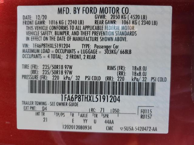 1FA6P8THXL5191204 - 2020 FORD MUSTANG RED photo 12