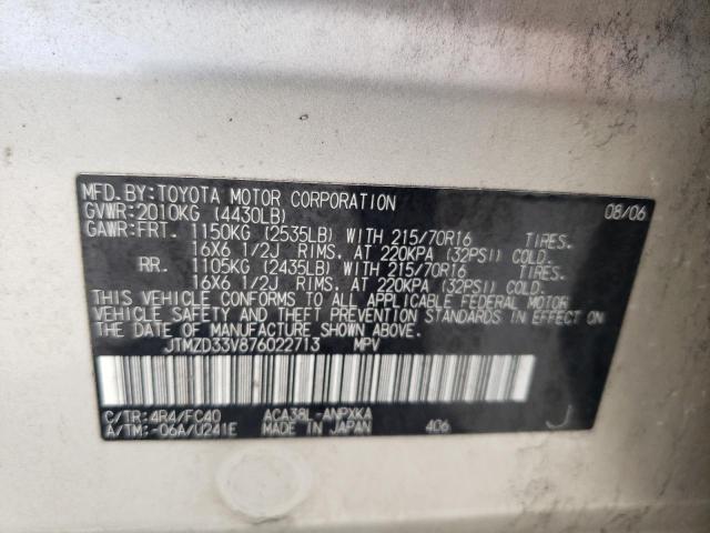 JTMZD33V876022713 - 2007 TOYOTA RAV4 GOLD photo 12