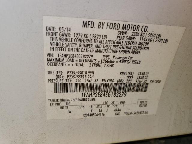 1FAHP2E84EG182279 - 2014 FORD TAURUS SEL WHITE photo 12