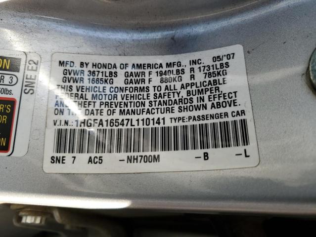 1HGFA16547L110141 - 2007 HONDA CIVIC LX SILVER photo 12