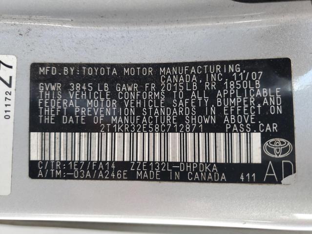 2T1KR32E58C712871 - 2008 TOYOTA COROLLA MA XR SILVER photo 13