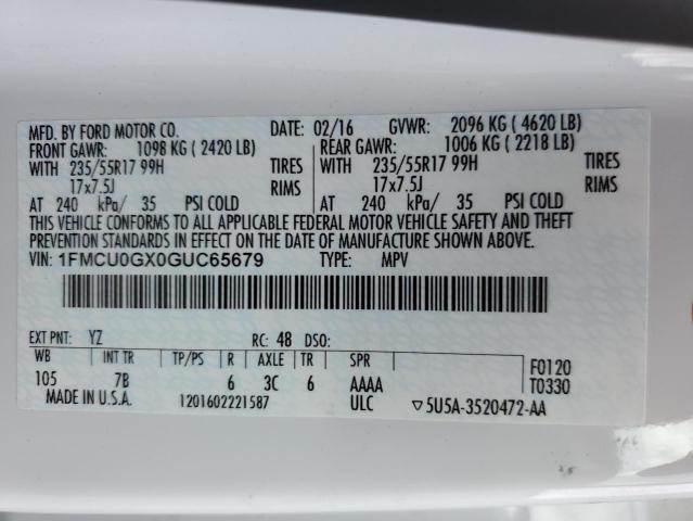 1FMCU0GX0GUC65679 - 2016 FORD ESCAPE SE WHITE photo 12