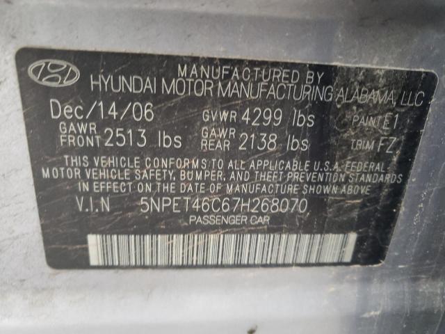 5NPET46C67H268070 - 2007 HYUNDAI SONATA GLS GRAY photo 12