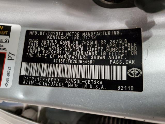 4T1BF1FK2DU654501 - 2013 TOYOTA CAMRY L GRAY photo 13