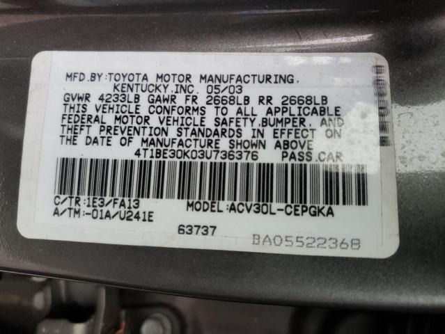 4T1BE30K03U736376 - 2003 TOYOTA CAMRY LE GRAY photo 12