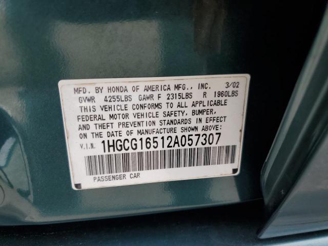 1HGCG16512A057307 - 2002 HONDA ACCORD EX GREEN photo 12