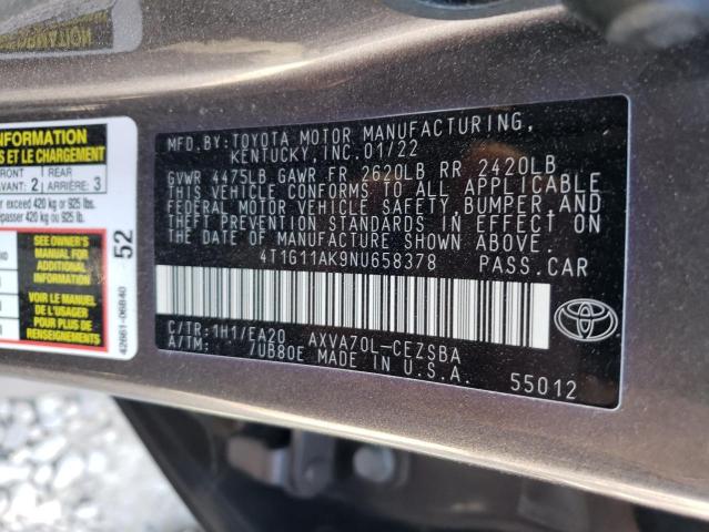 4T1G11AK9NU658378 - 2022 TOYOTA CAMRY SE GRAY photo 12