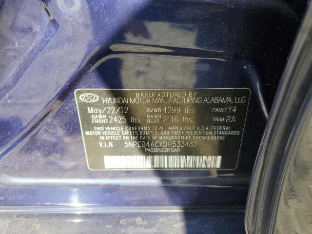 5NPEB4ACXDH533482 - 2013 HYUNDAI SONATA GLS BLUE photo 12