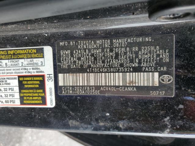 4T1BE46K58U735924 - 2008 TOYOTA CAMRY CE BLACK photo 12