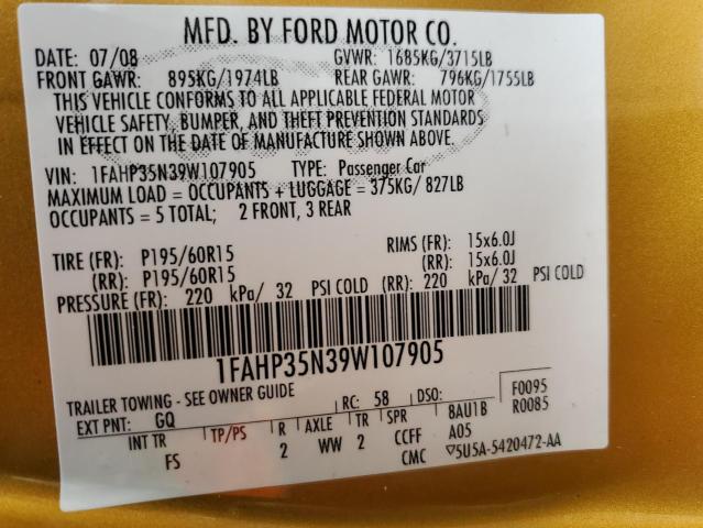 1FAHP35N39W107905 - 2009 FORD FOCUS SE GOLD photo 13