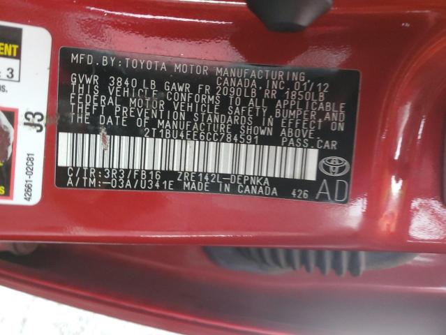 2T1BU4EE6CC784591 - 2012 TOYOTA COROLLA BASE RED photo 12