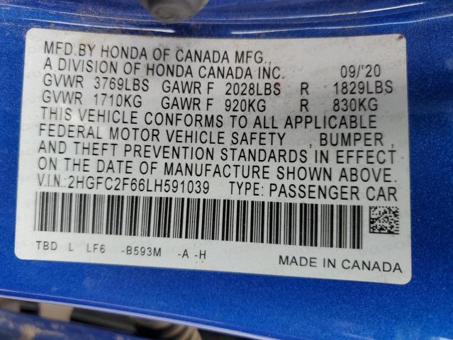 2HGFC2F66LH591039 - 2020 HONDA CIVIC LX BLUE photo 12