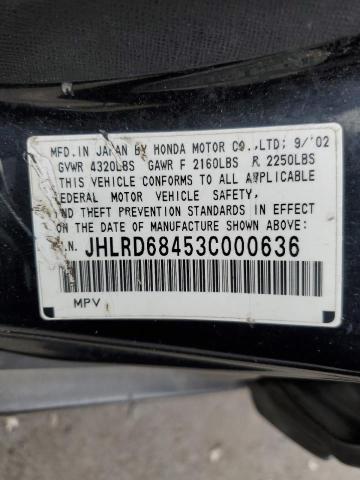 JHLRD68453C000636 - 2003 HONDA CR-V LX BLACK photo 12