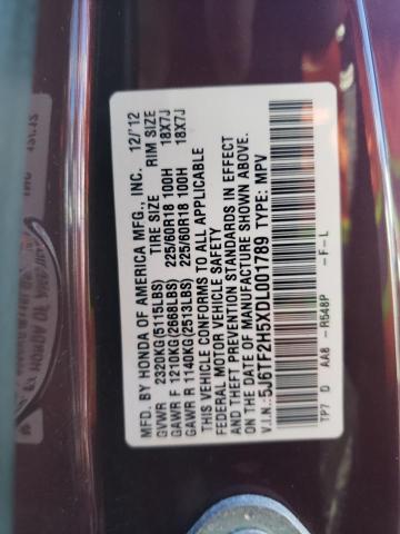 5J6TF2H5XDL001789 - 2013 HONDA CROSSTOUR EXL მუქწითელი ფოტო 12