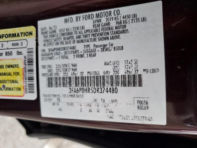 3FA6P0HR5DR374480 - 2013 FORD FUSION SE BURGUNDY photo 13