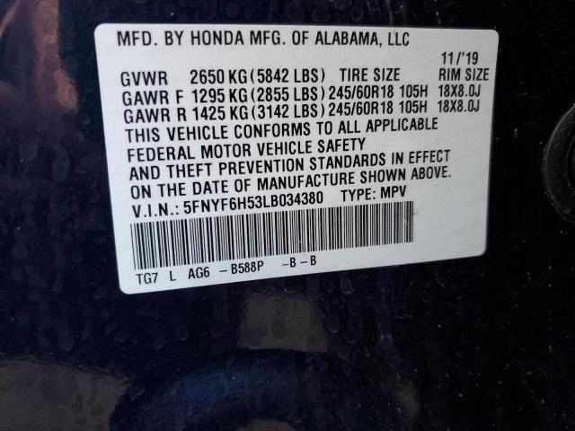 5FNYF6H53LB034380 - 2020 HONDA PILOT EXL BLUE photo 13