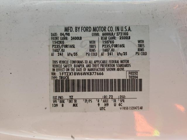 1FTZX18W6WKB77666 - 1998 FORD F150 WHITE photo 12