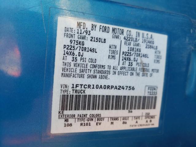 1FTCR10A0RPA24756 - 1994 FORD RANGER BLUE photo 12