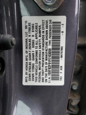 19XFB2F91FE103059 - 2015 HONDA CIVIC EXL ნაცრისფერი ფოტო 12