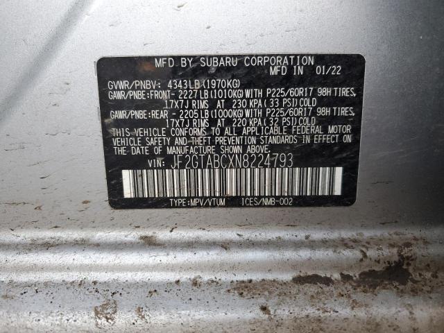 JF2GTABCXN8224793 - 2022 SUBARU CROSSTREK GRAY photo 12