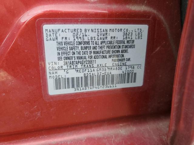 3N1AB7AP4GY236611 - 2016 NISSAN SENTRA S MAROON photo 12