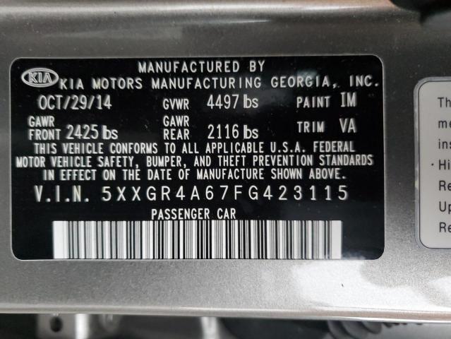 5XXGR4A67FG423115 - 2015 KIA OPTIMA SX GRAY photo 12