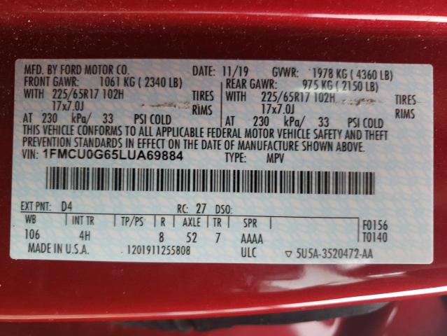 1FMCU0G65LUA69884 - 2020 FORD ESCAPE SE RED photo 13