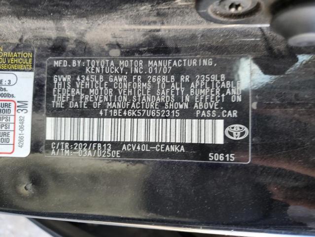 4T1BE46K57U652315 - 2007 TOYOTA CAMRY CE BLACK photo 12