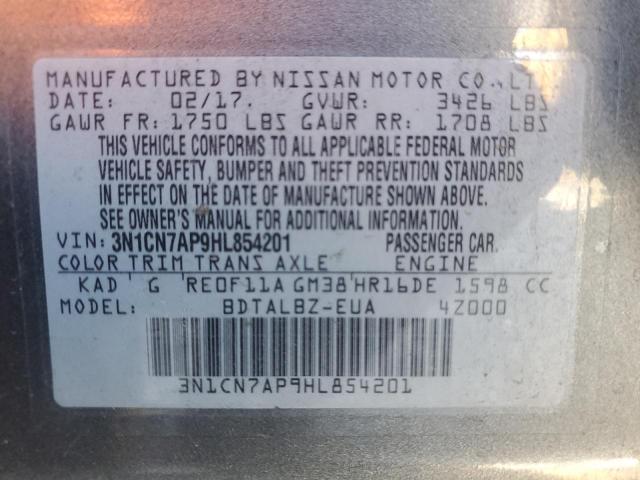 3N1CN7AP9HL854201 - 2017 NISSAN VERSA S GRAY photo 12